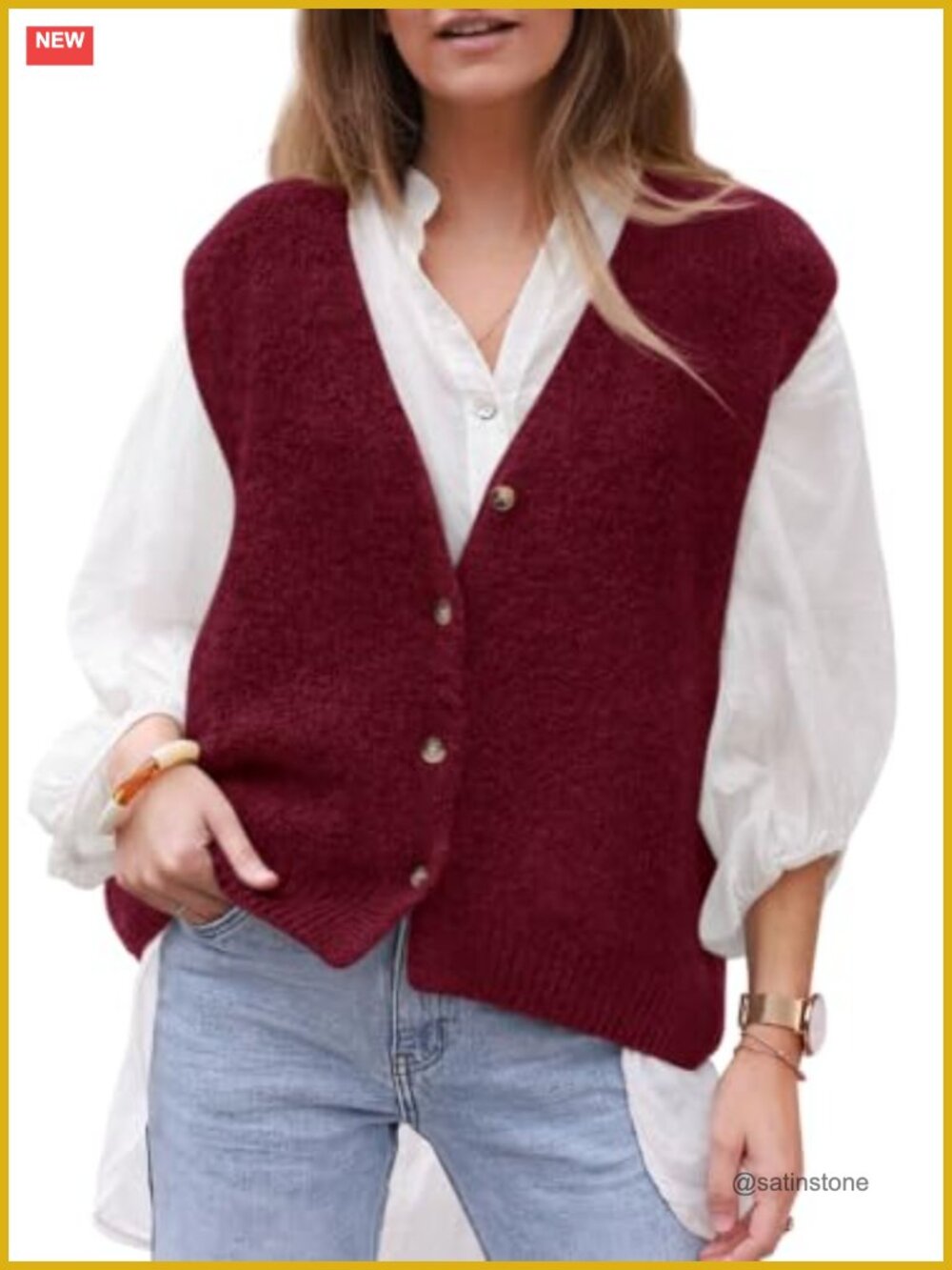 Sleeveless Button Down Knit Sweater Vest V-Neck Loose Fit Layering Top